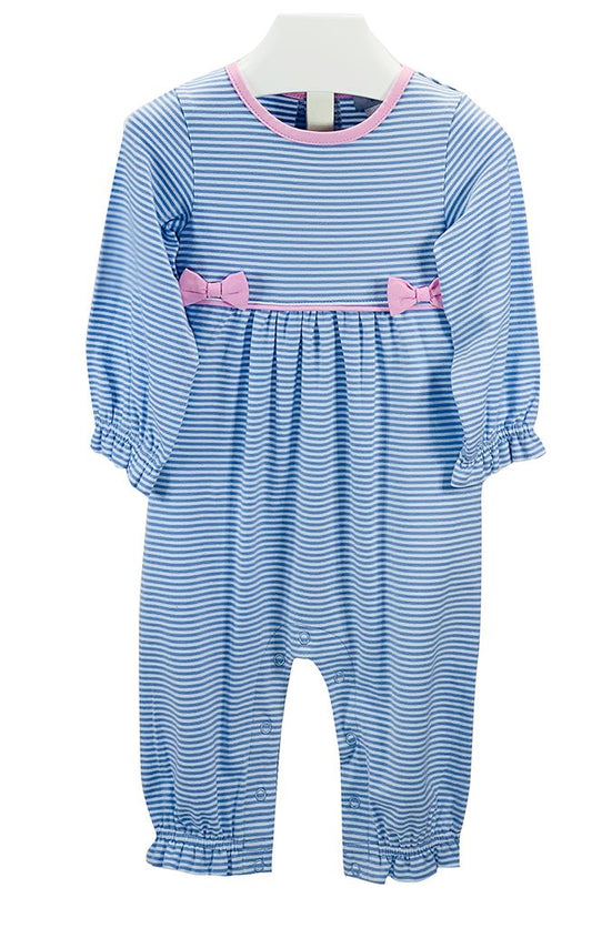 Blue Stripe Romper with Pink Bows